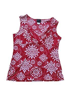 JKLA California Floral Sleeveless Red White Top Size Large V Neck Stretch VTG